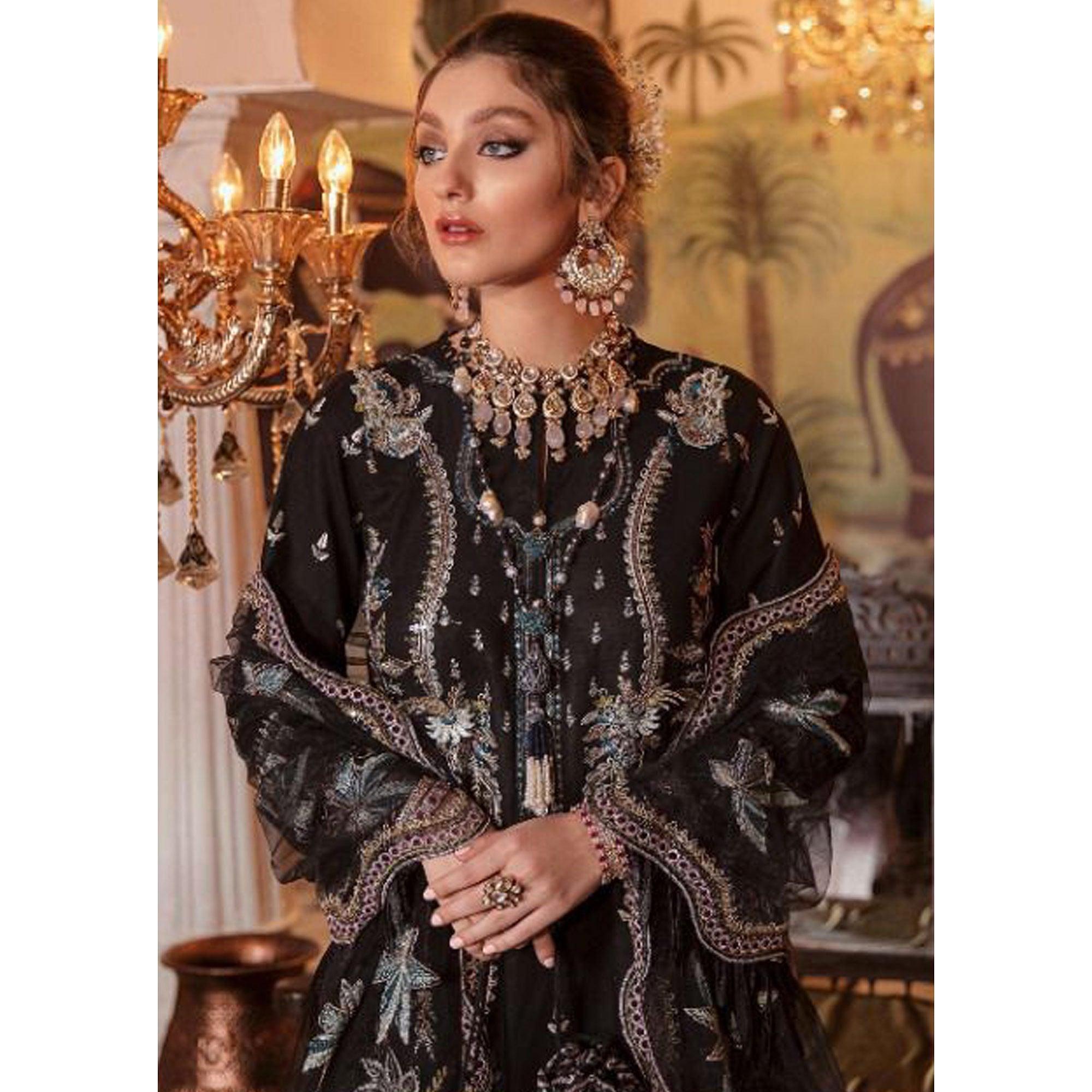 Black Partywear Embroidered Net Pakistani Suit - Peachmode