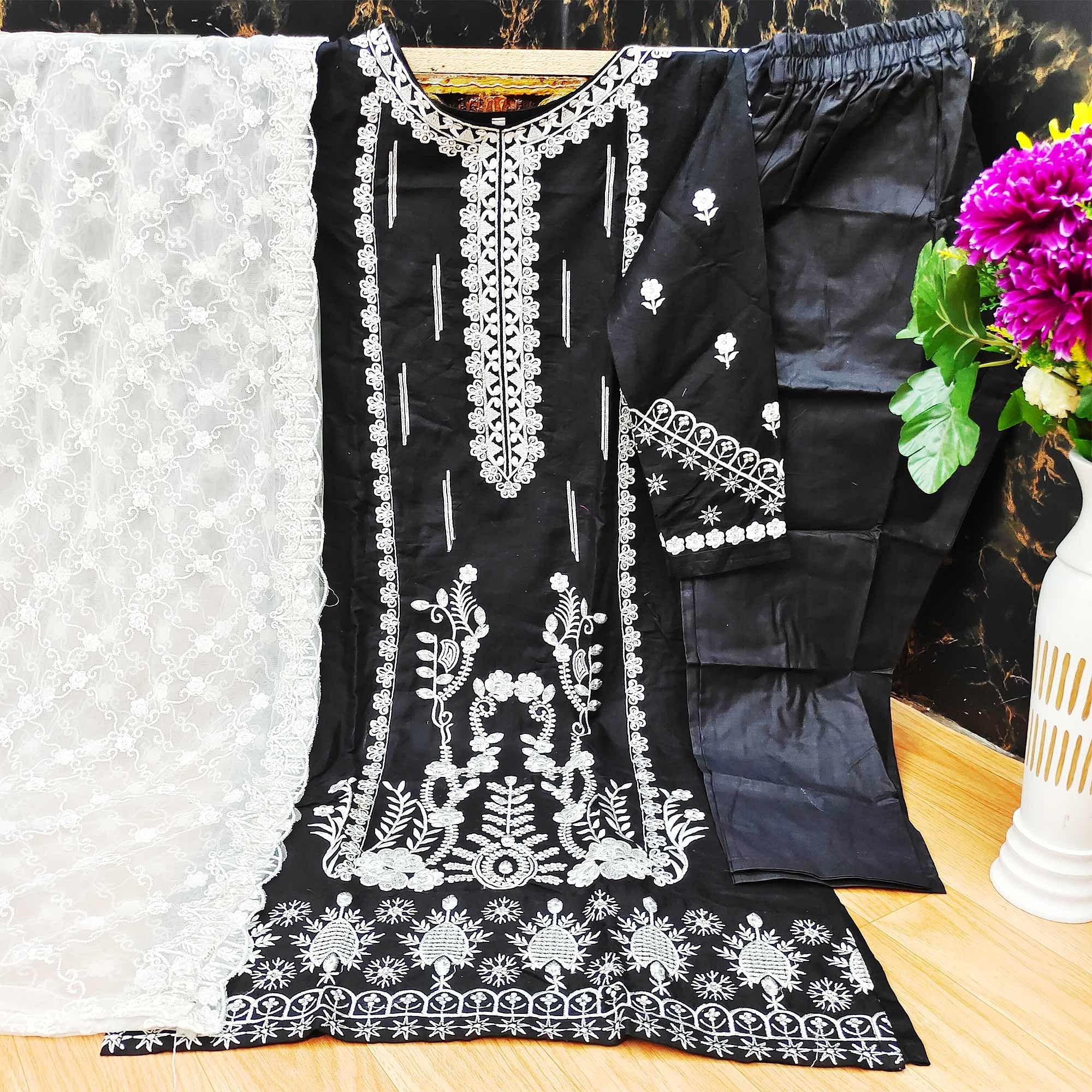Black Partywear Embroidered Pure Jam Cotton Pakistani Suit - Peachmode