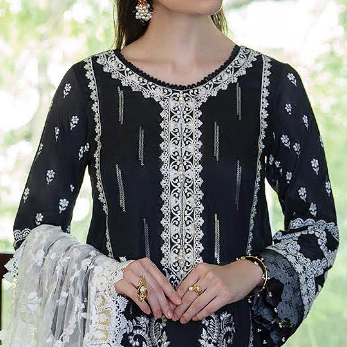 Black Partywear Embroidered Pure Jam Cotton Pakistani Suit - Peachmode