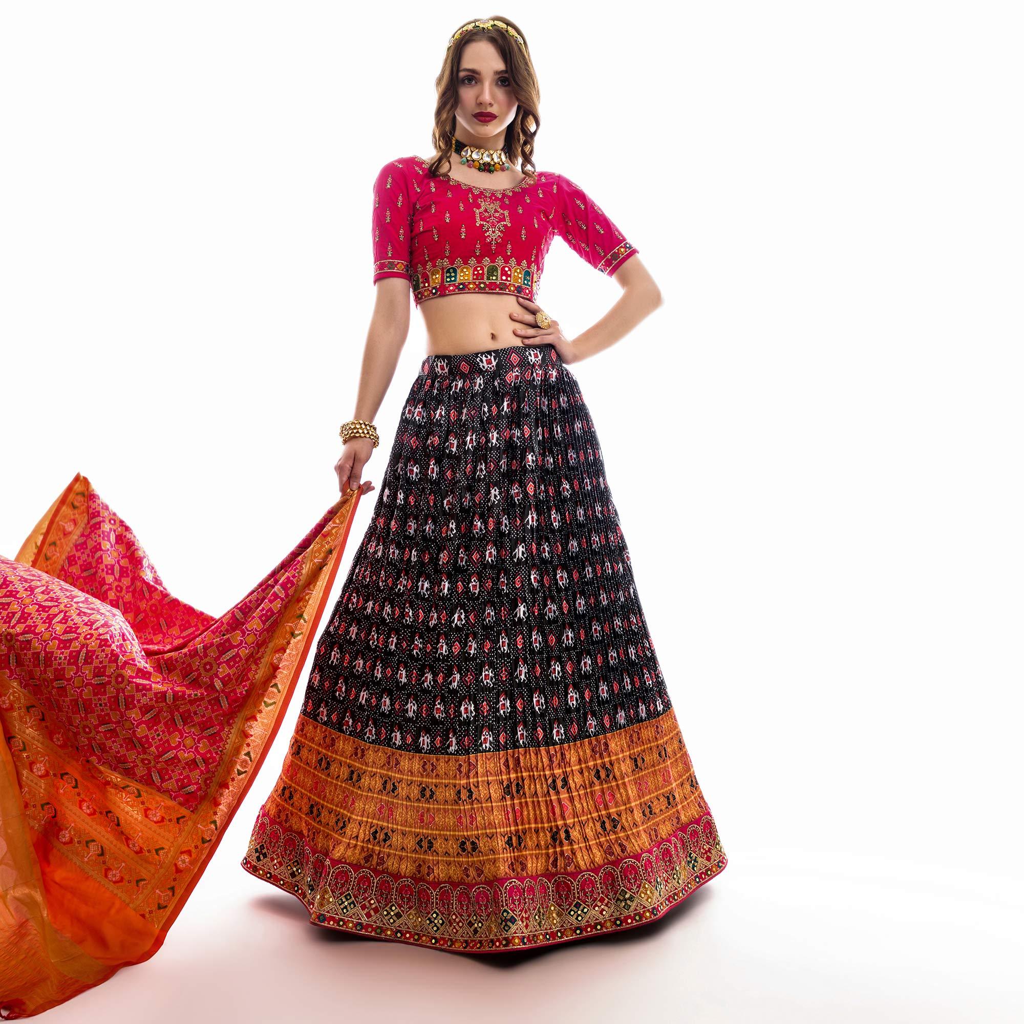 Black Partywear Embroidered Satin Lehenga Choli - Peachmode