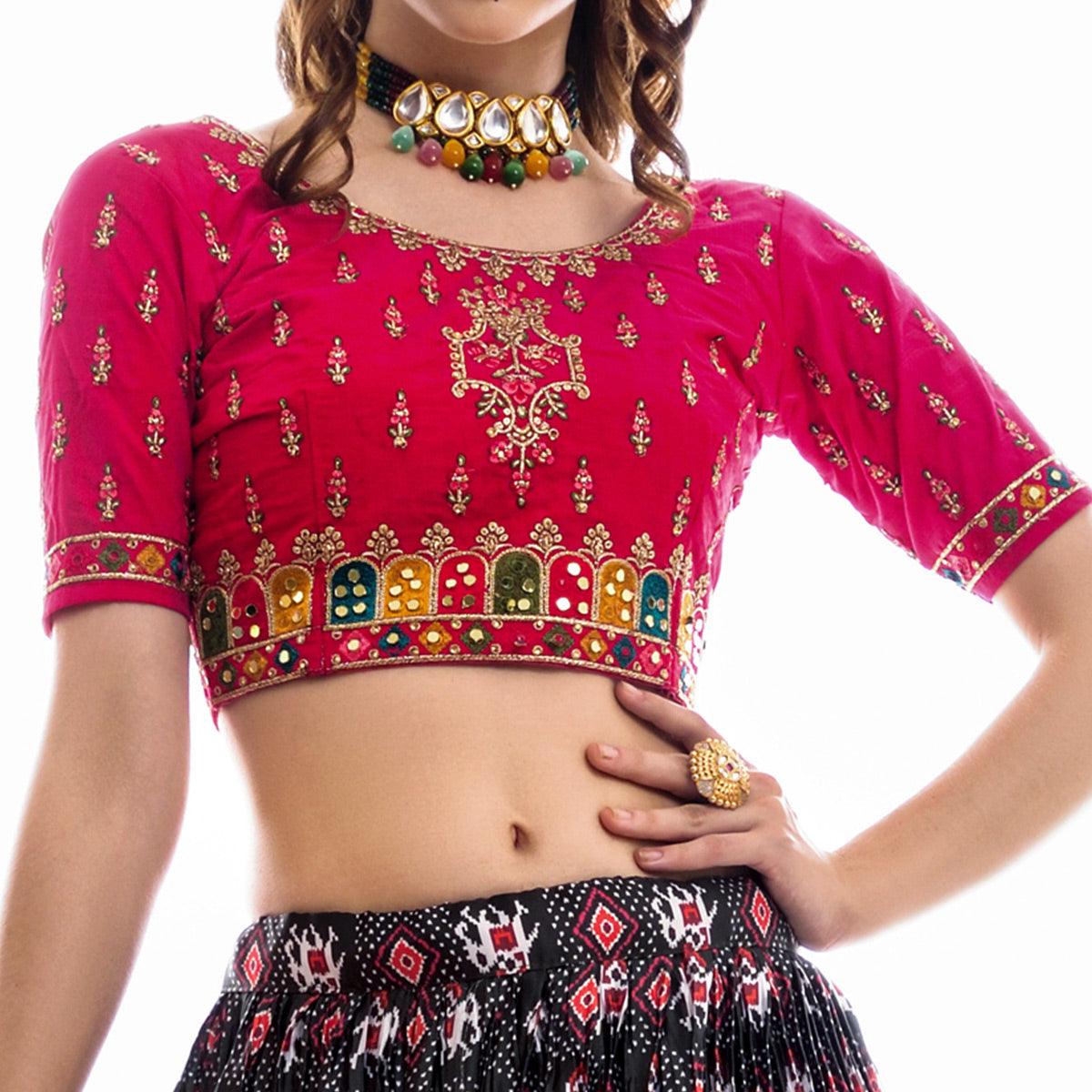 Black Partywear Embroidered Satin Lehenga Choli - Peachmode