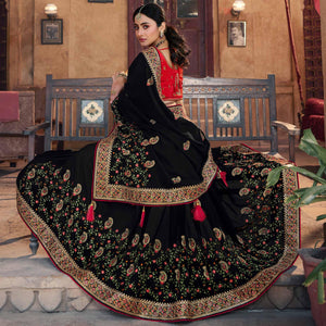 Black Partywear Embroidered Silk Saree - Peachmode