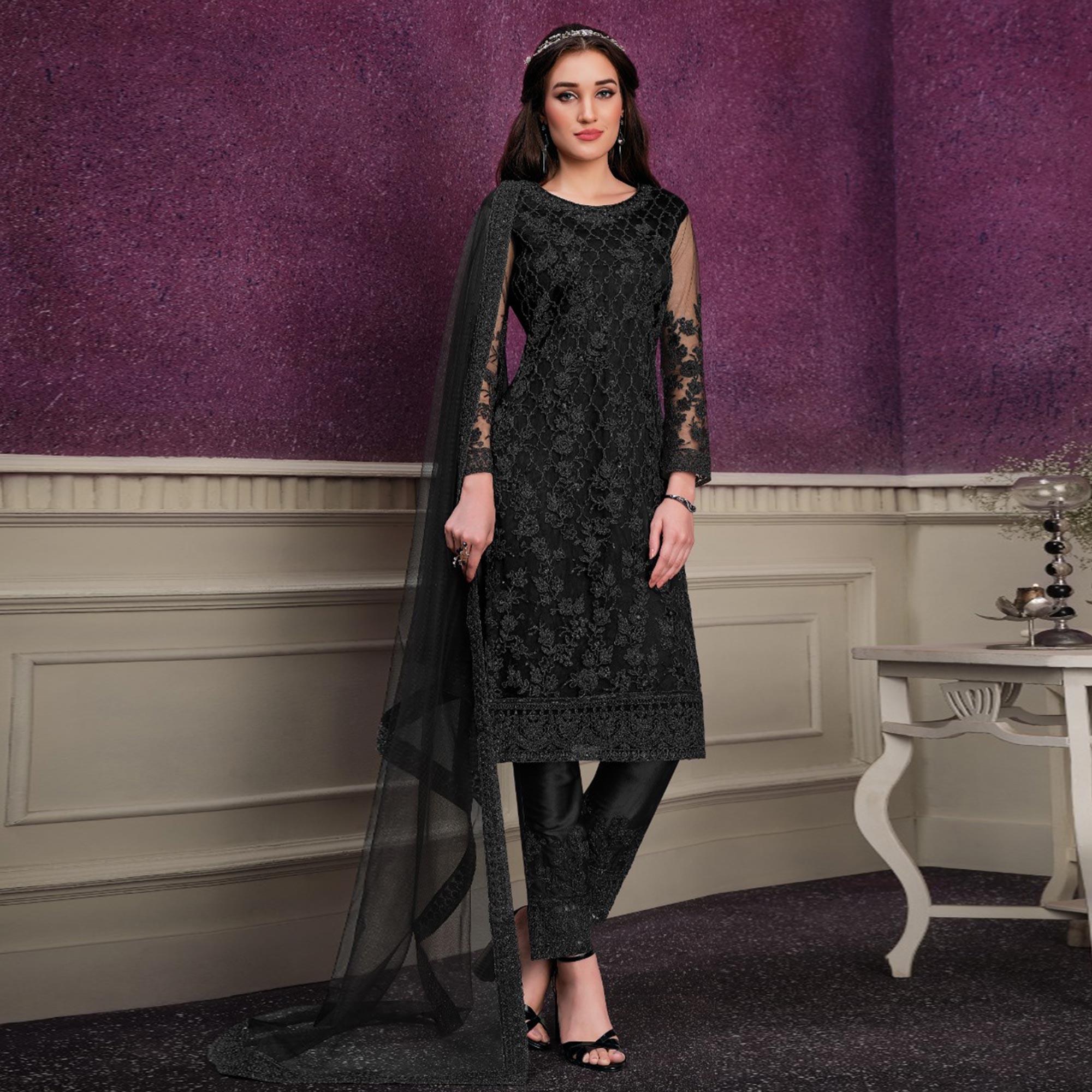 Black Partywear Embroidered Soft Net Suit - Peachmode