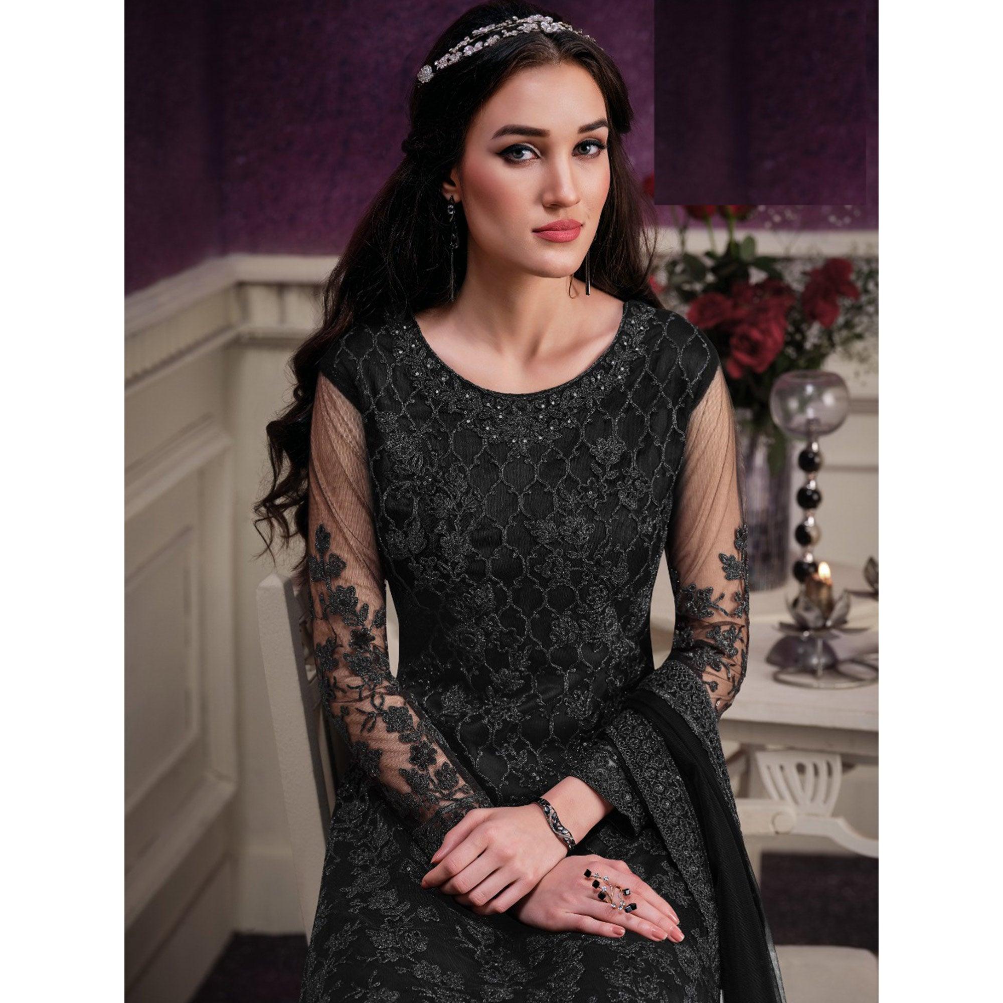 Black Partywear Embroidered Soft Net Suit - Peachmode