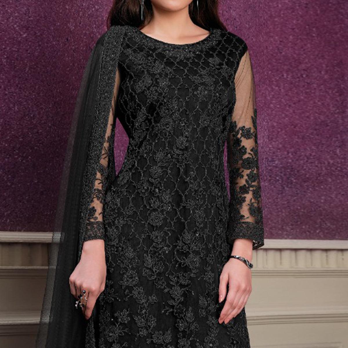 Black Partywear Embroidered Soft Net Suit - Peachmode