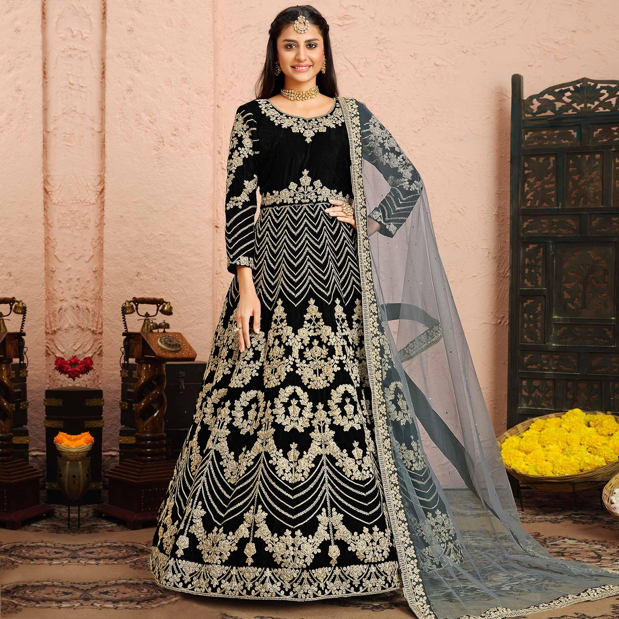 Black Partywear Embroidered Velvet Anarkali Suit - Peachmode