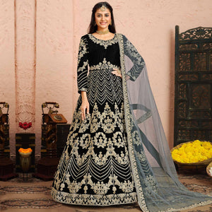 Black Partywear Embroidered Velvet Anarkali Suit - Peachmode