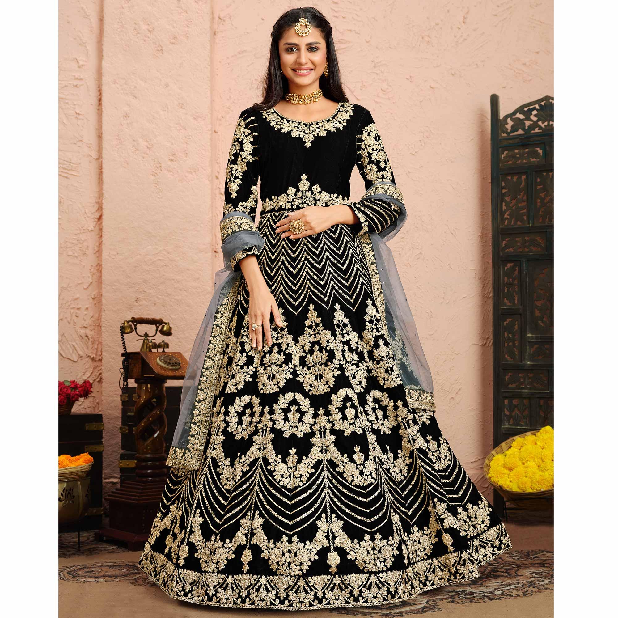 Black Partywear Embroidered Velvet Anarkali Suit - Peachmode