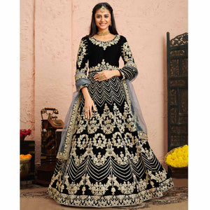 Black Partywear Embroidered Velvet Anarkali Suit - Peachmode