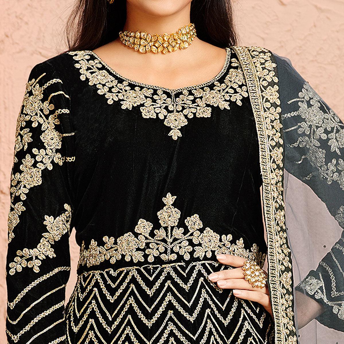 Black Partywear Embroidered Velvet Anarkali Suit - Peachmode