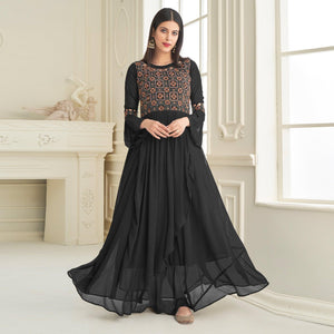 Black Partywear Embroidered with Handwork Heavy Georgette Gown - Peachmode