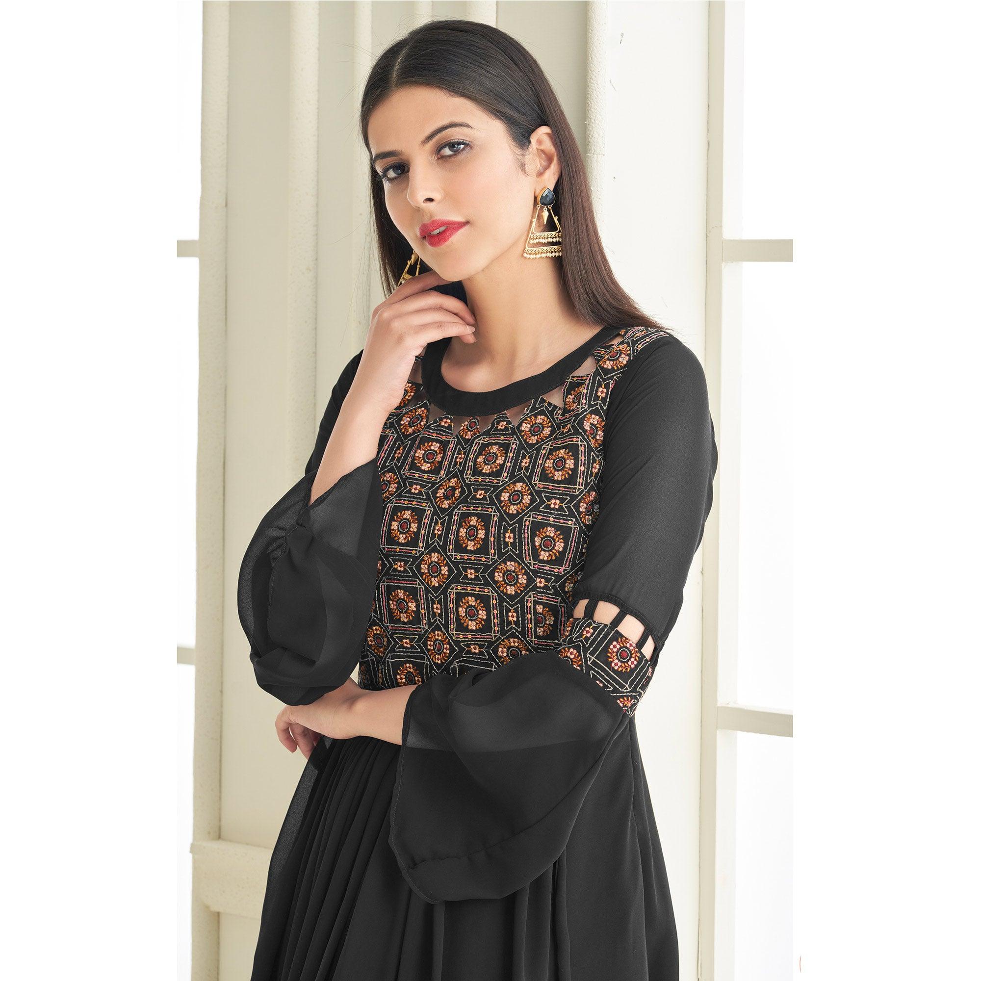 Black Partywear Embroidered with Handwork Heavy Georgette Gown - Peachmode