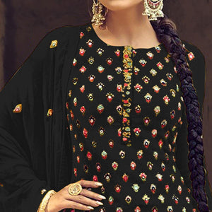 Black Partywear Embroidered with Sequence Work Heavy Faux Georgette Patiala Suit - Peachmode