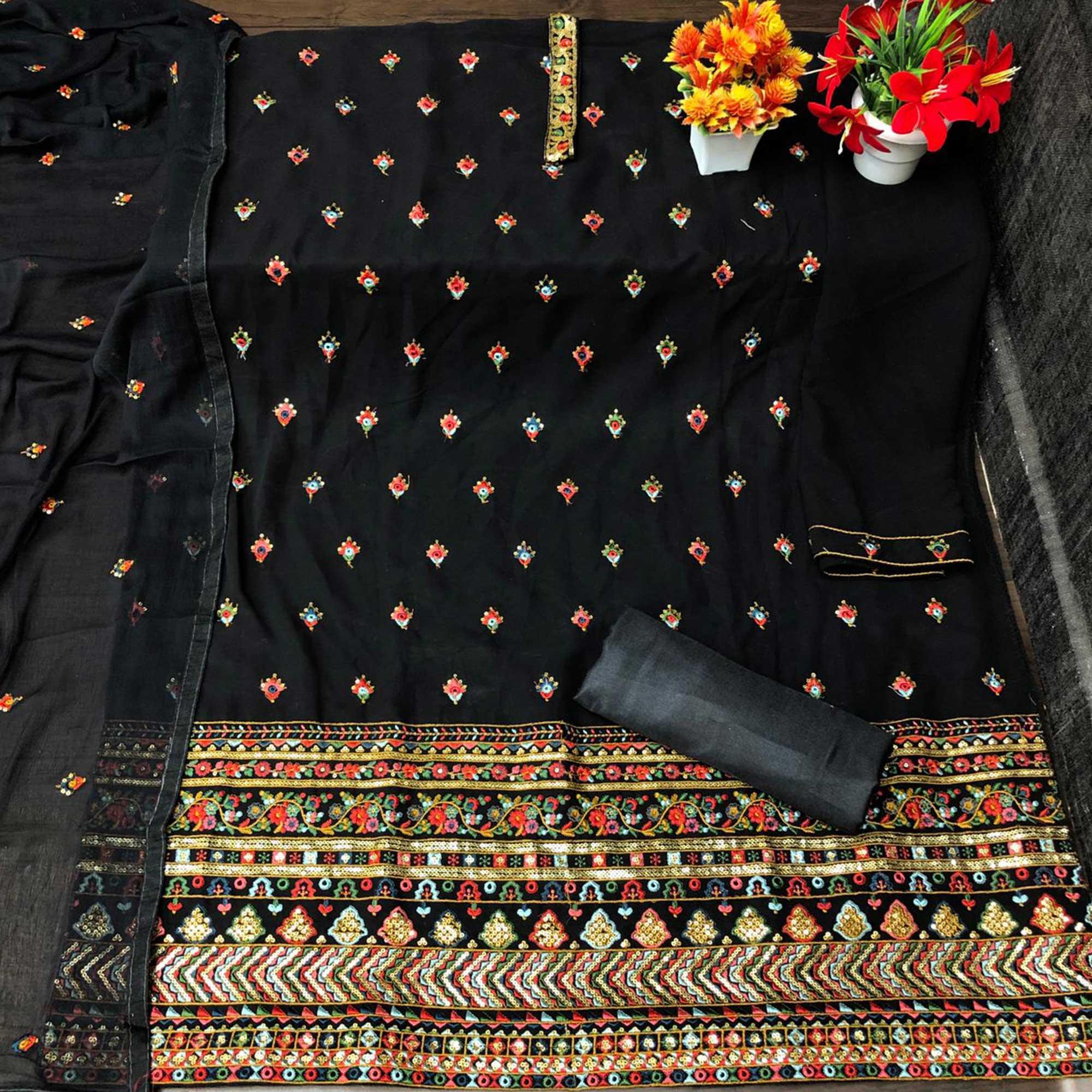 Black Partywear Embroidered with Sequence Work Heavy Faux Georgette Patiala Suit - Peachmode