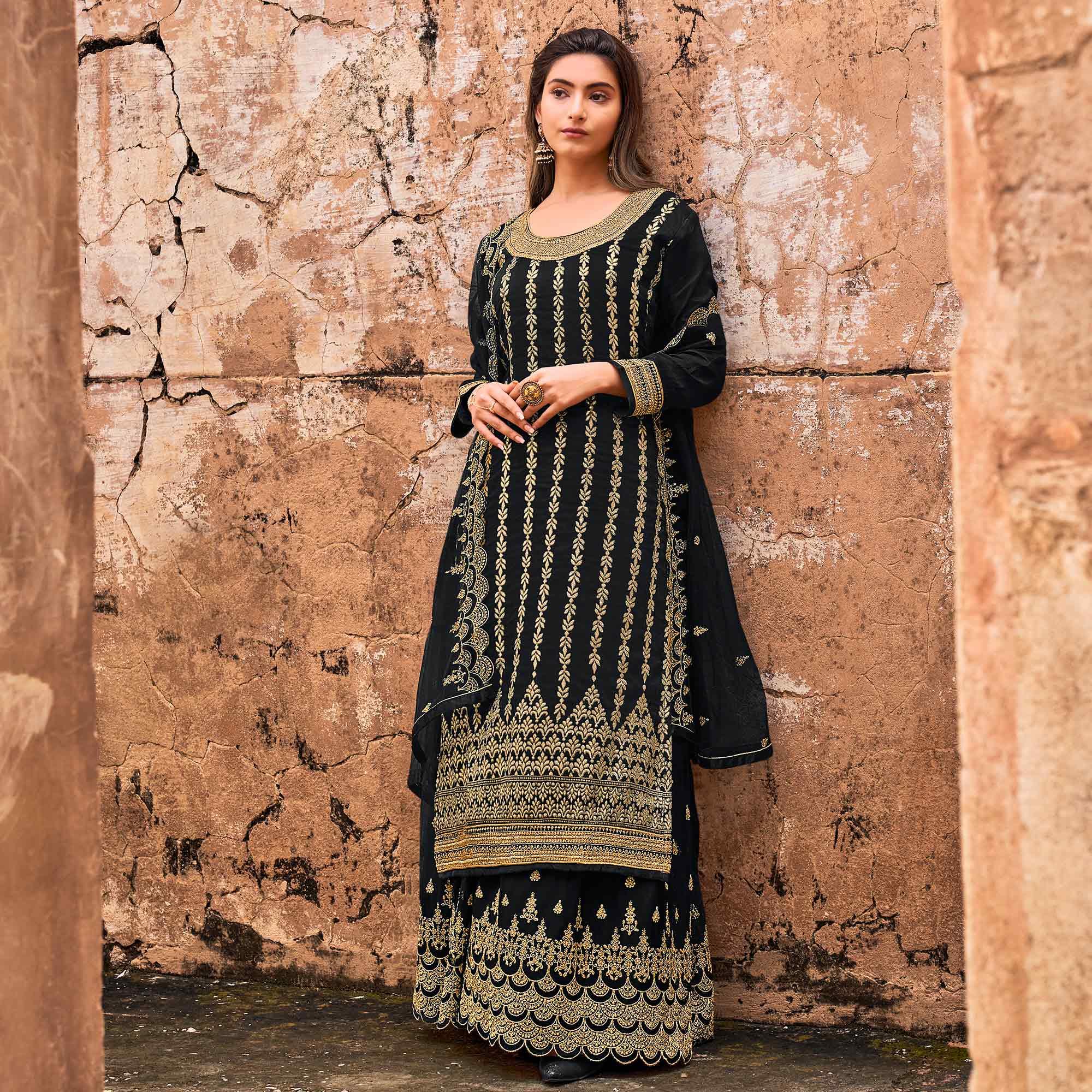 Black Partywear Embroidered With Stone Work Dola Jacquard Palazzo Suit - Peachmode