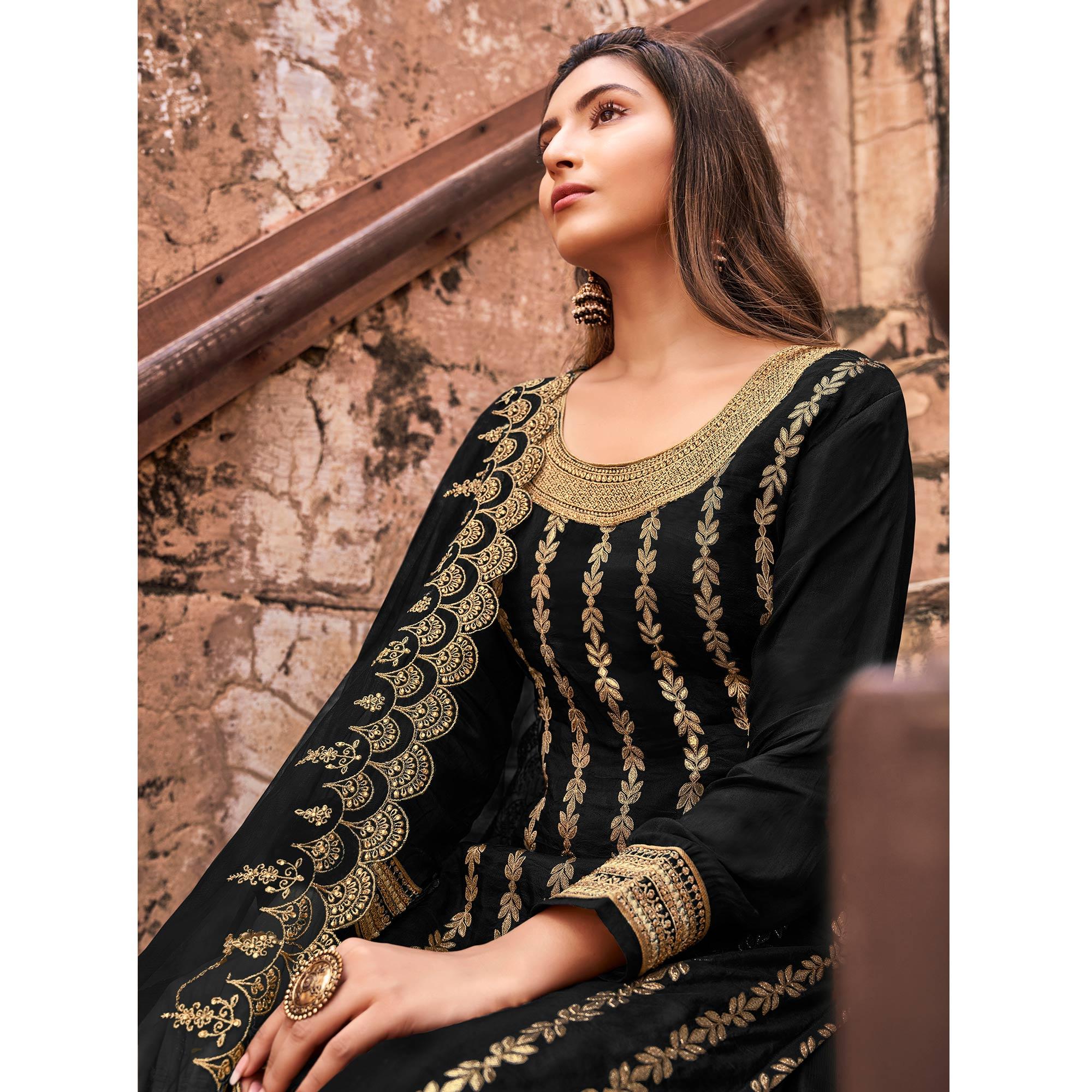 Black Partywear Embroidered With Stone Work Dola Jacquard Palazzo Suit - Peachmode