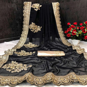 Black Partywear Embroidered Work Soft Georgette Saree - Peachmode
