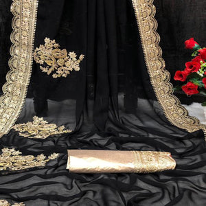 Black Partywear Embroidered Work Soft Georgette Saree - Peachmode