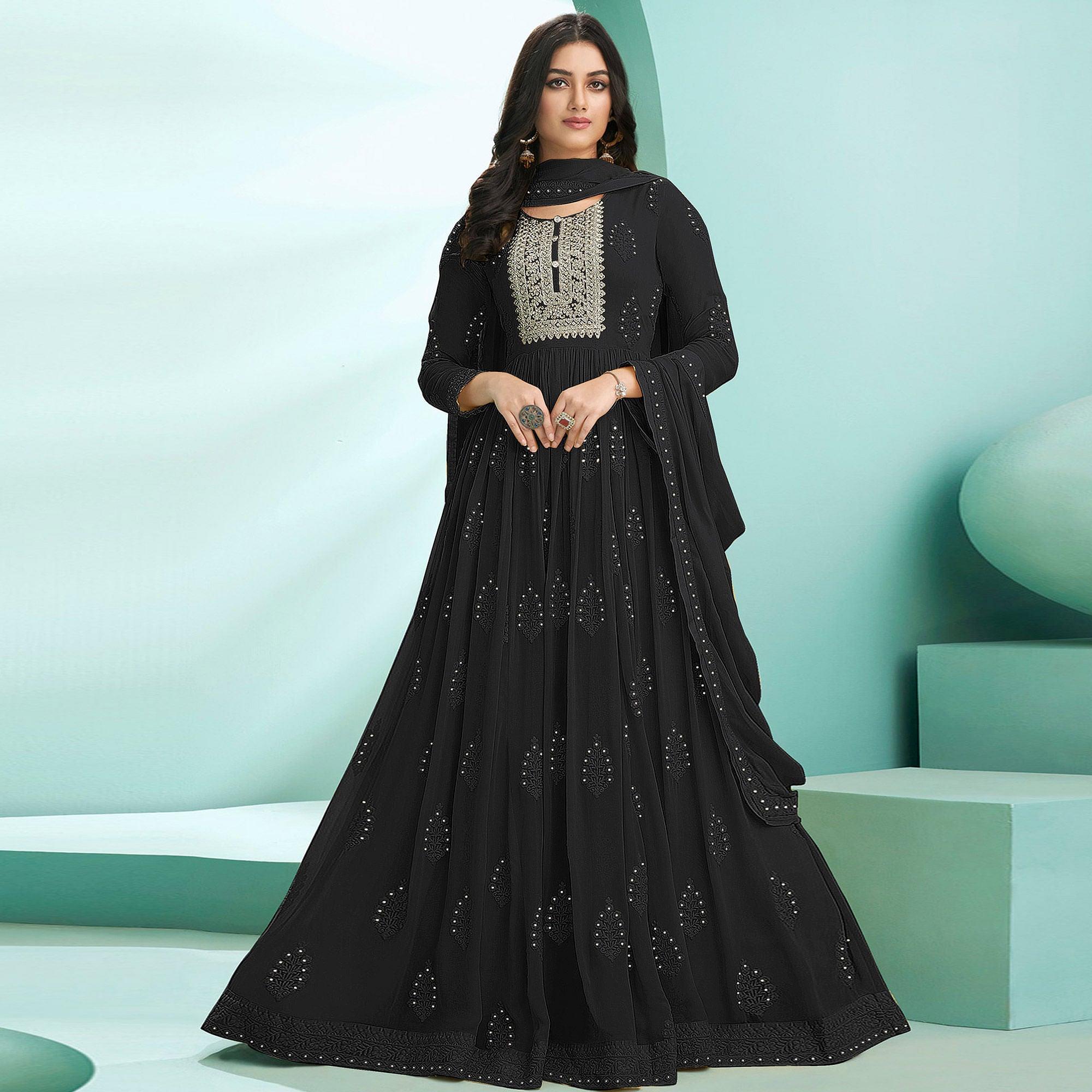 Black Partywear Embroidery With Embellished Georgette Gown - Peachmode