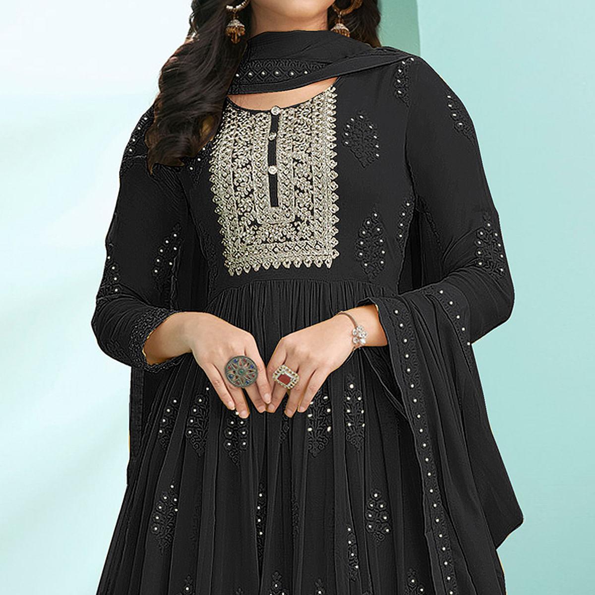 Black Partywear Embroidery With Embellished Georgette Gown - Peachmode