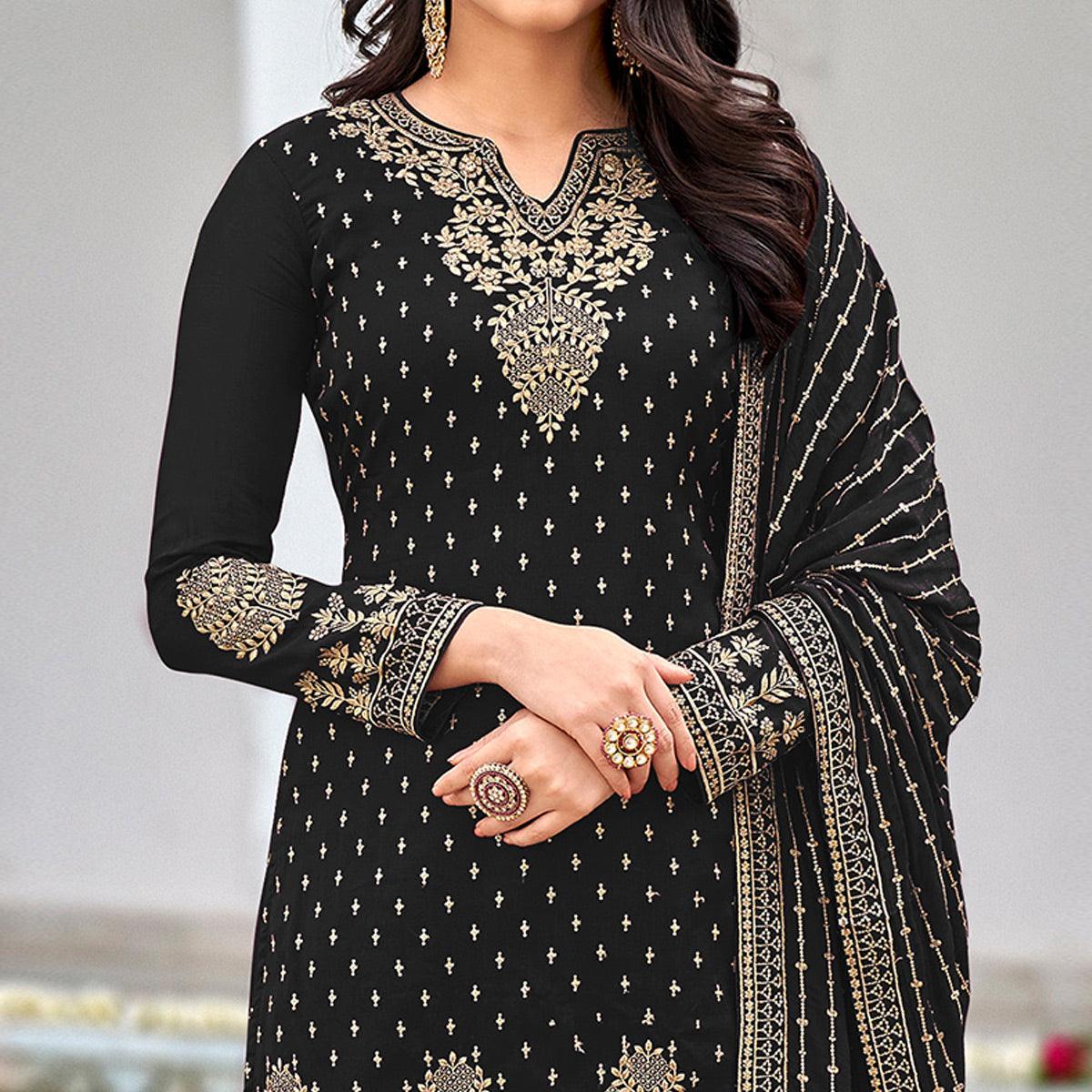 Black Partywear Embroidery With Sequence Heavy Faux Georgette Salwar Suit - Peachmode