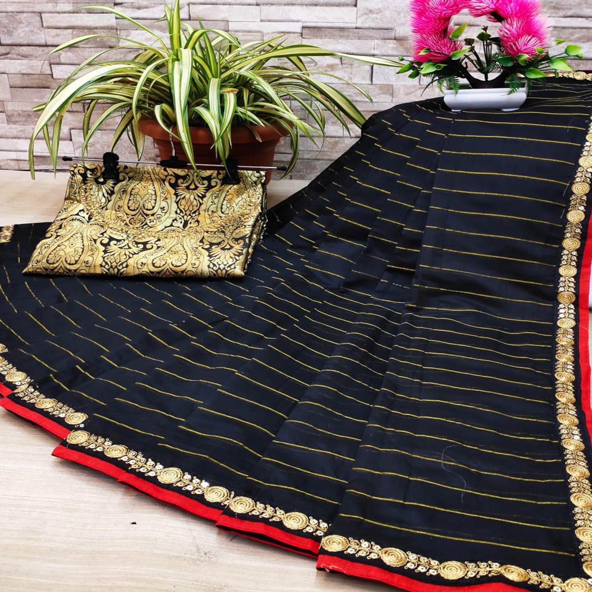 Black Partywear Fancy Embroidered Cotton Saree - Peachmode