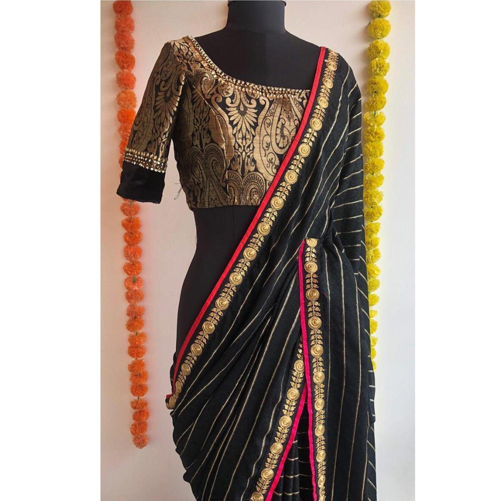Black Partywear Fancy Embroidered Cotton Saree - Peachmode
