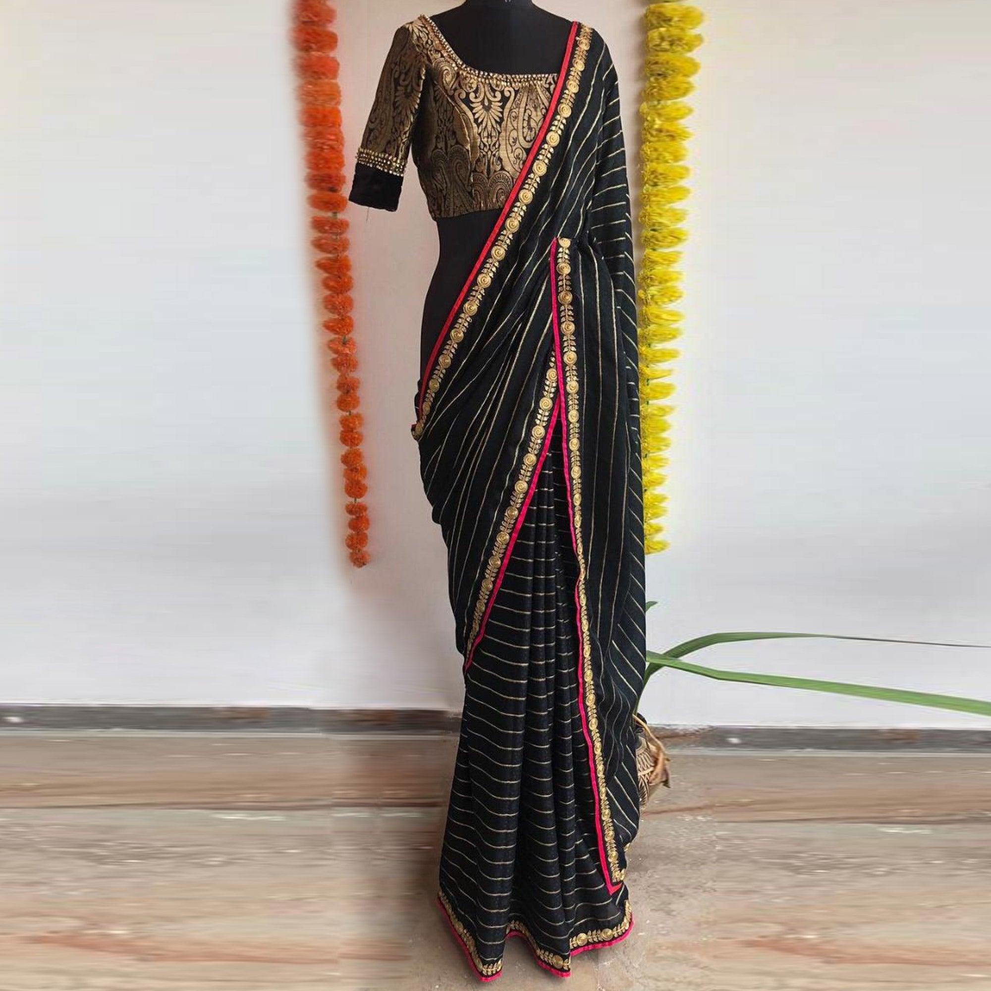 Black Partywear Fancy Embroidered Cotton Saree - Peachmode