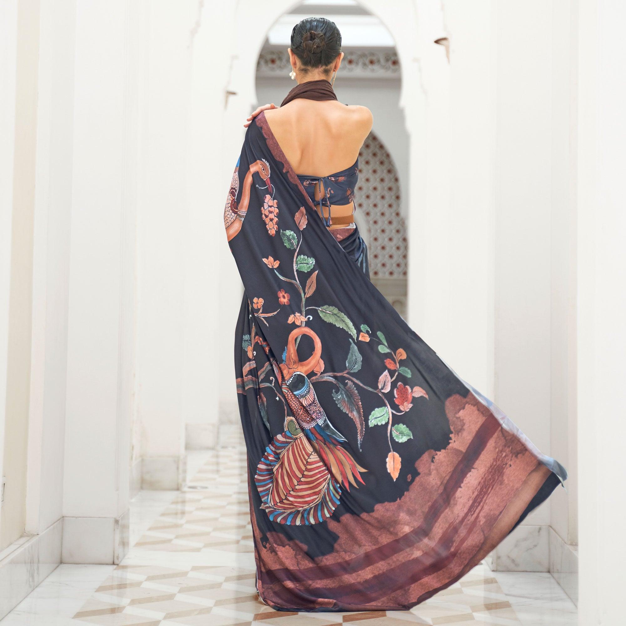 Black Partywear Floral Digital Printed Silk Saree - Peachmode