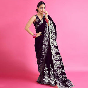 Black Partywear Floral Embroidered Organza Saree - Peachmode