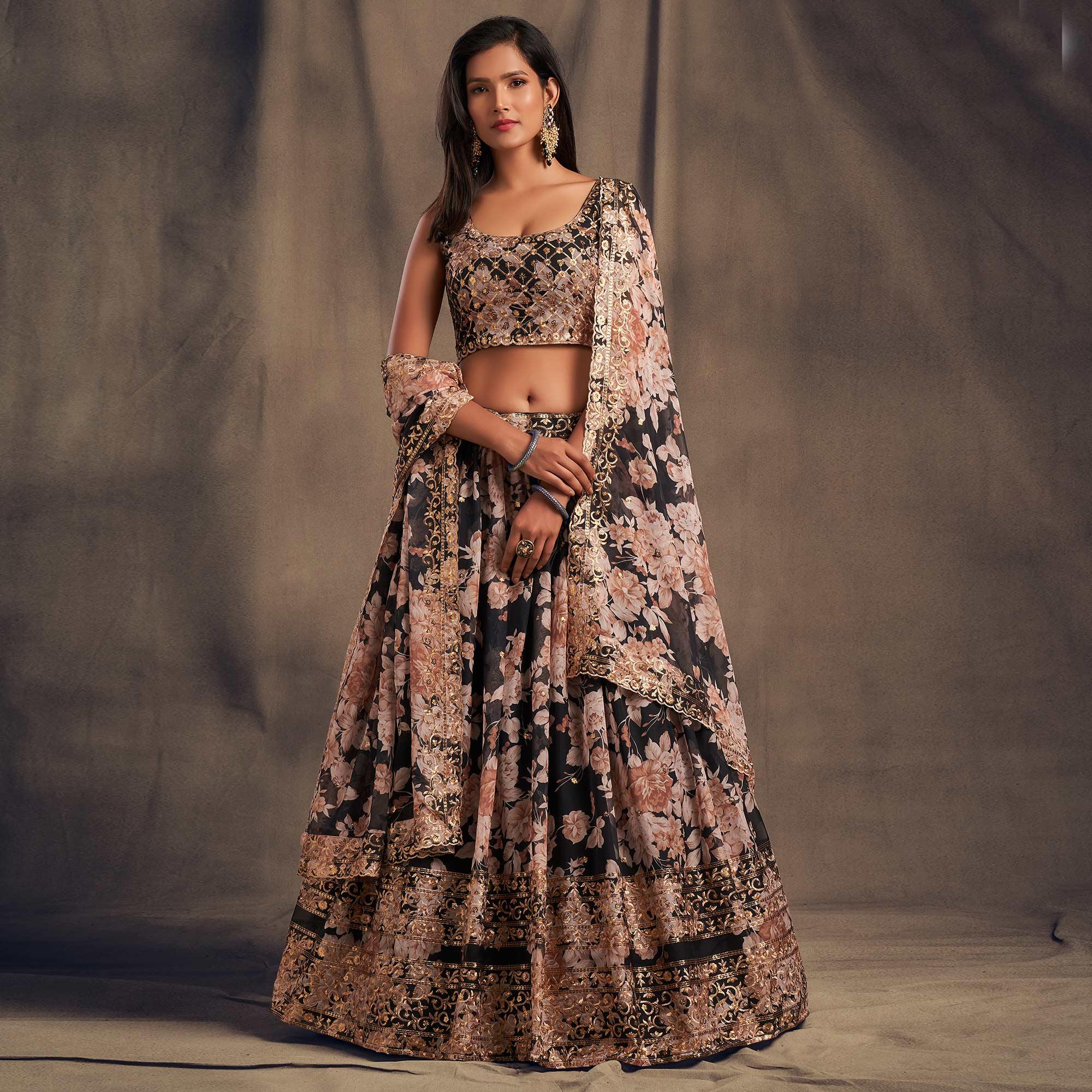 Black Partywear Floral Print With Sequin Zari Embroidered Organza Lehenga Choli - Peachmode