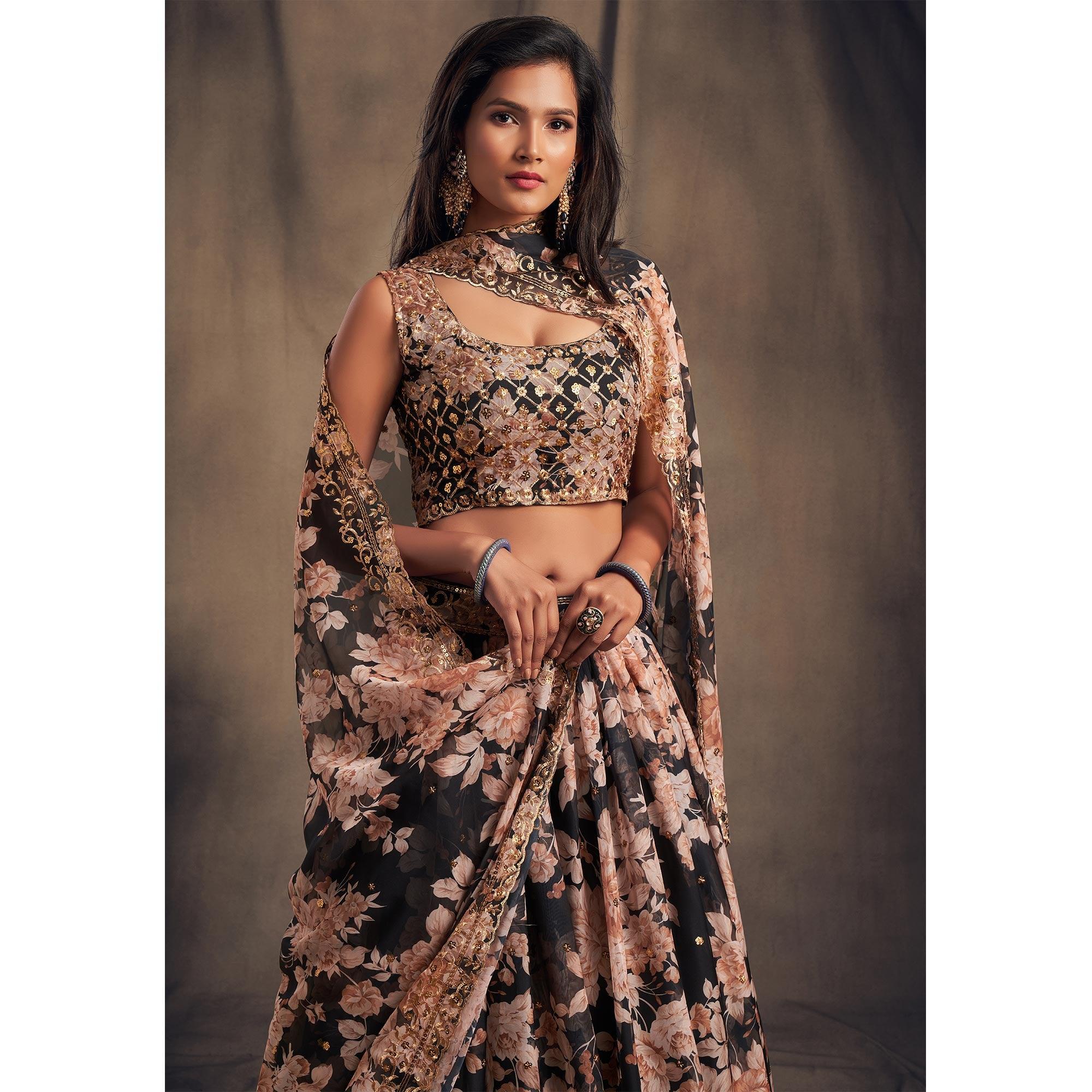 Black Partywear Floral Print With Sequin Zari Embroidered Organza Lehenga Choli - Peachmode