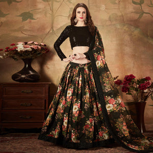 Black Partywear Floral Print With Sequins Embroidery OrganzaLehenga Choli - Peachmode
