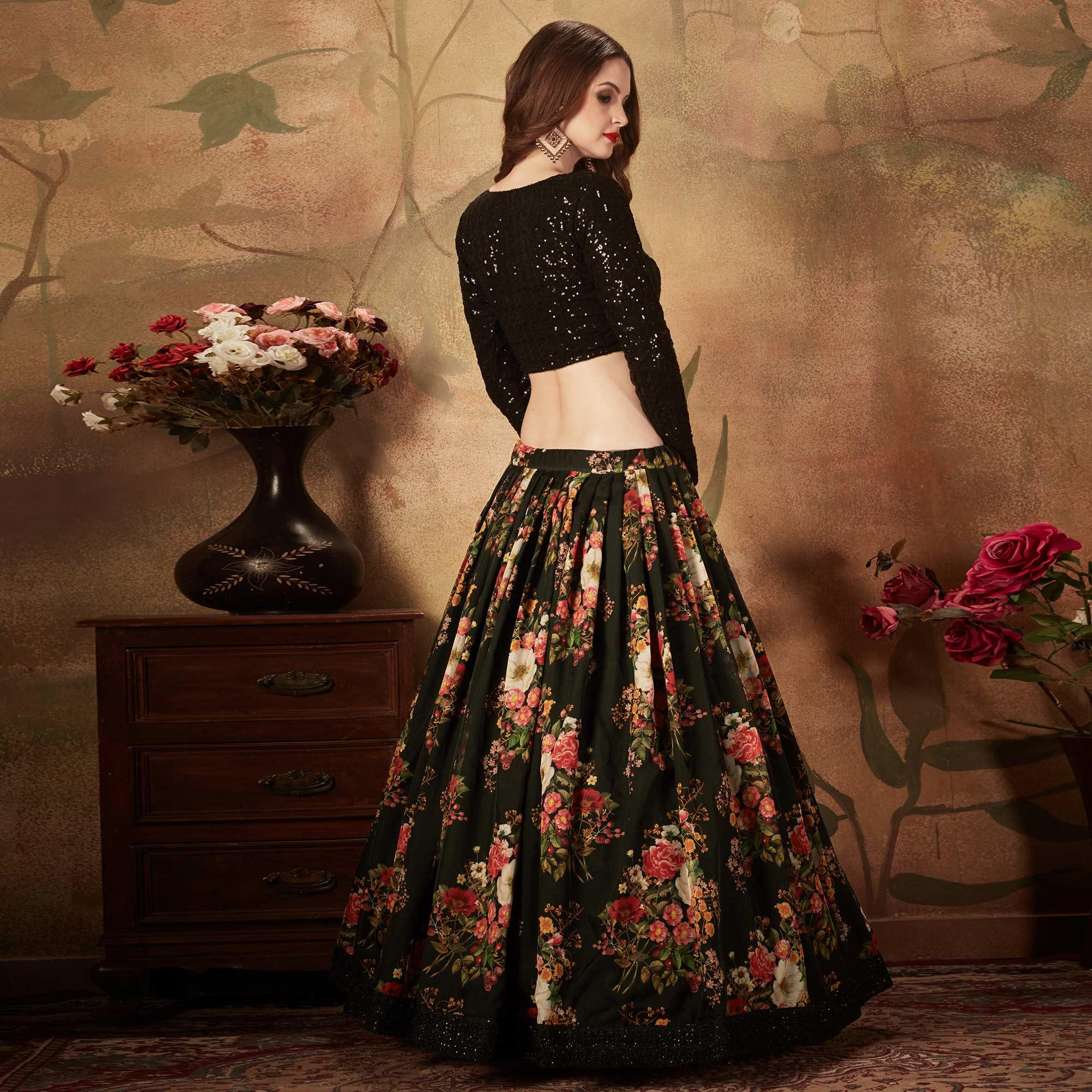 Black Partywear Floral Print With Sequins Embroidery OrganzaLehenga Choli - Peachmode