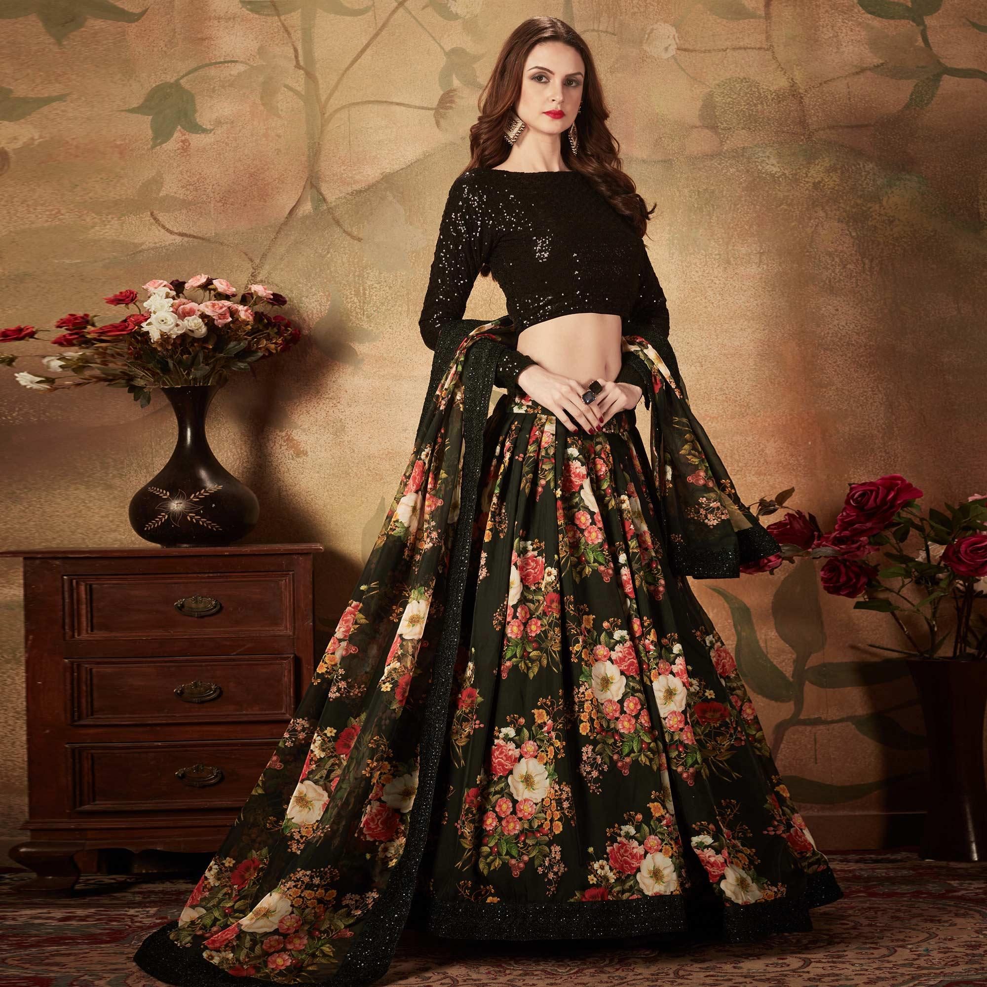 Black Partywear Floral Print With Sequins Embroidery OrganzaLehenga Choli - Peachmode