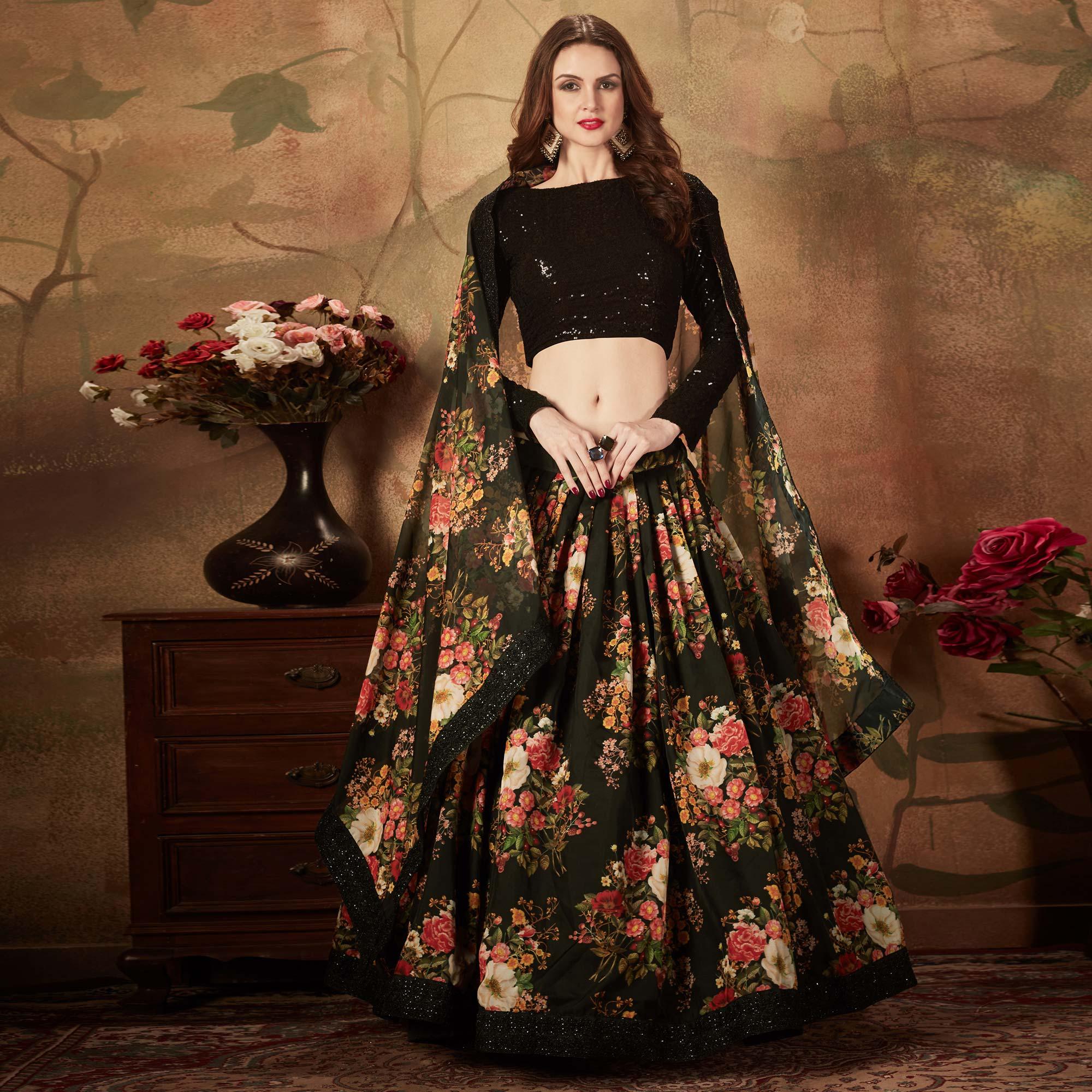 Black Partywear Floral Print With Sequins Embroidery OrganzaLehenga Choli - Peachmode