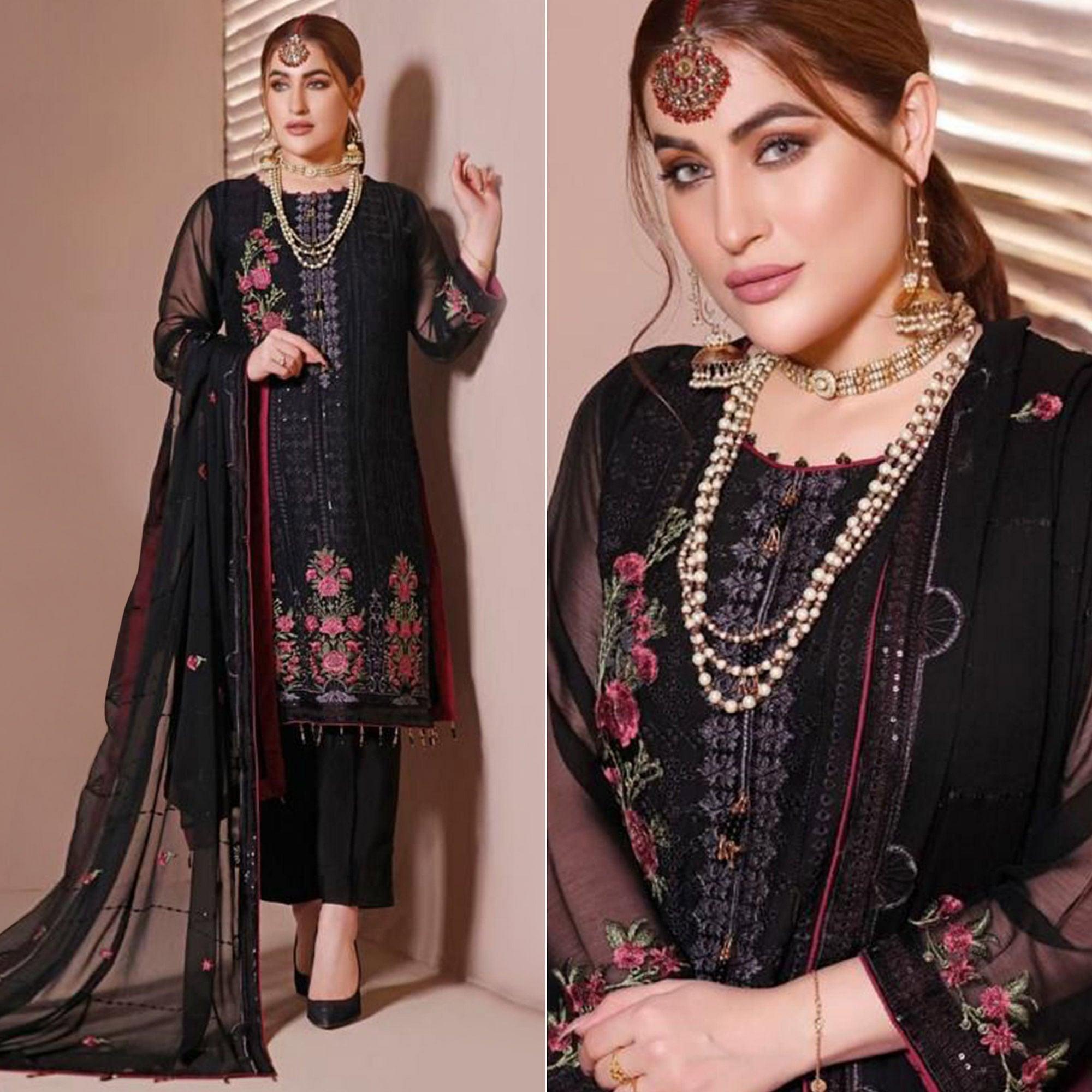 Black Partywear Floral Sequence Embroidered Georgette Pakistani Suit - Peachmode