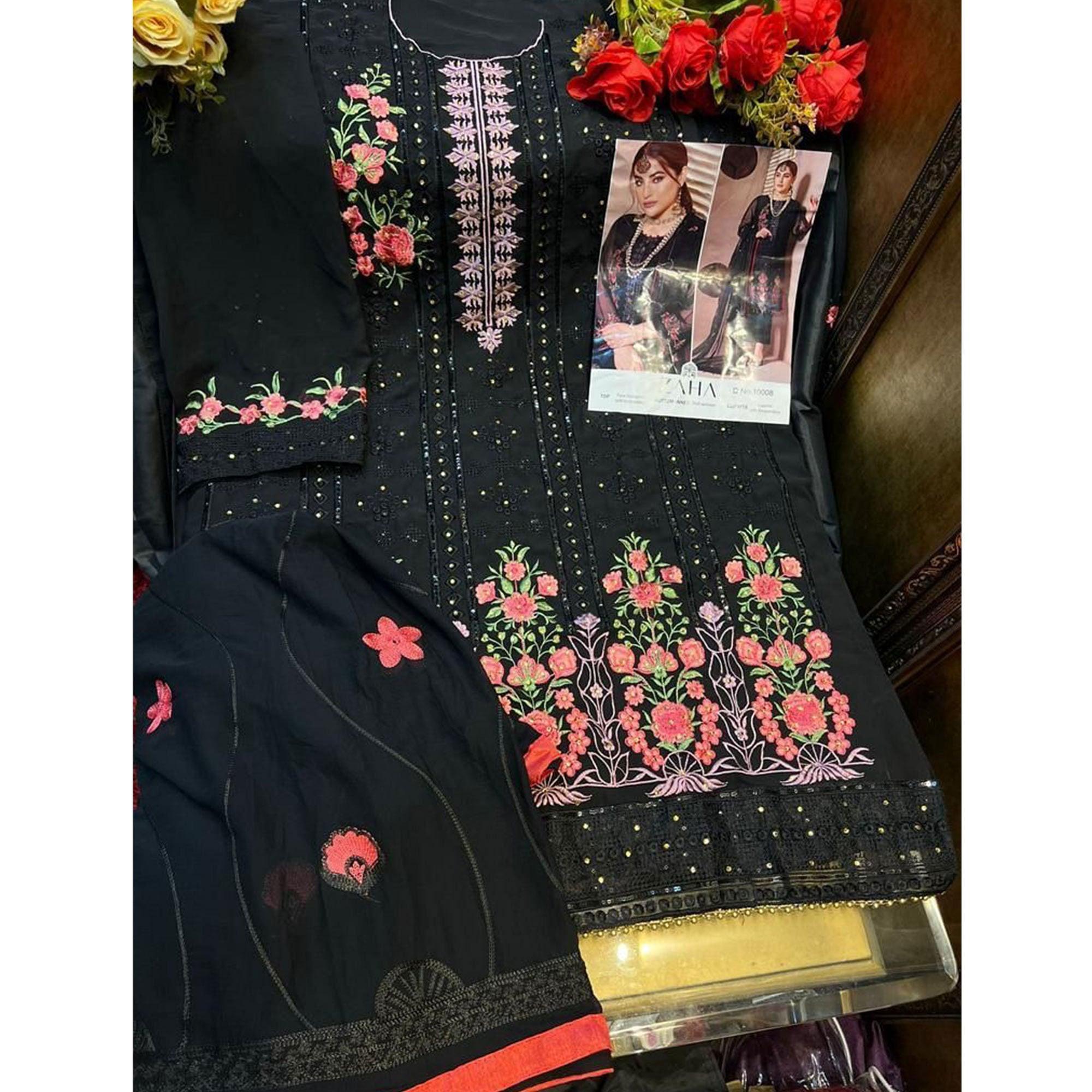 Black Partywear Floral Sequence Embroidered Georgette Pakistani Suit - Peachmode