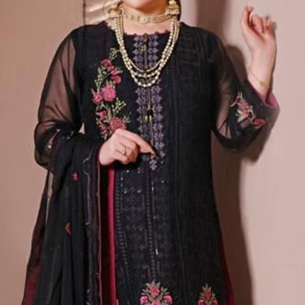 Black Partywear Floral Sequence Embroidered Georgette Pakistani Suit - Peachmode