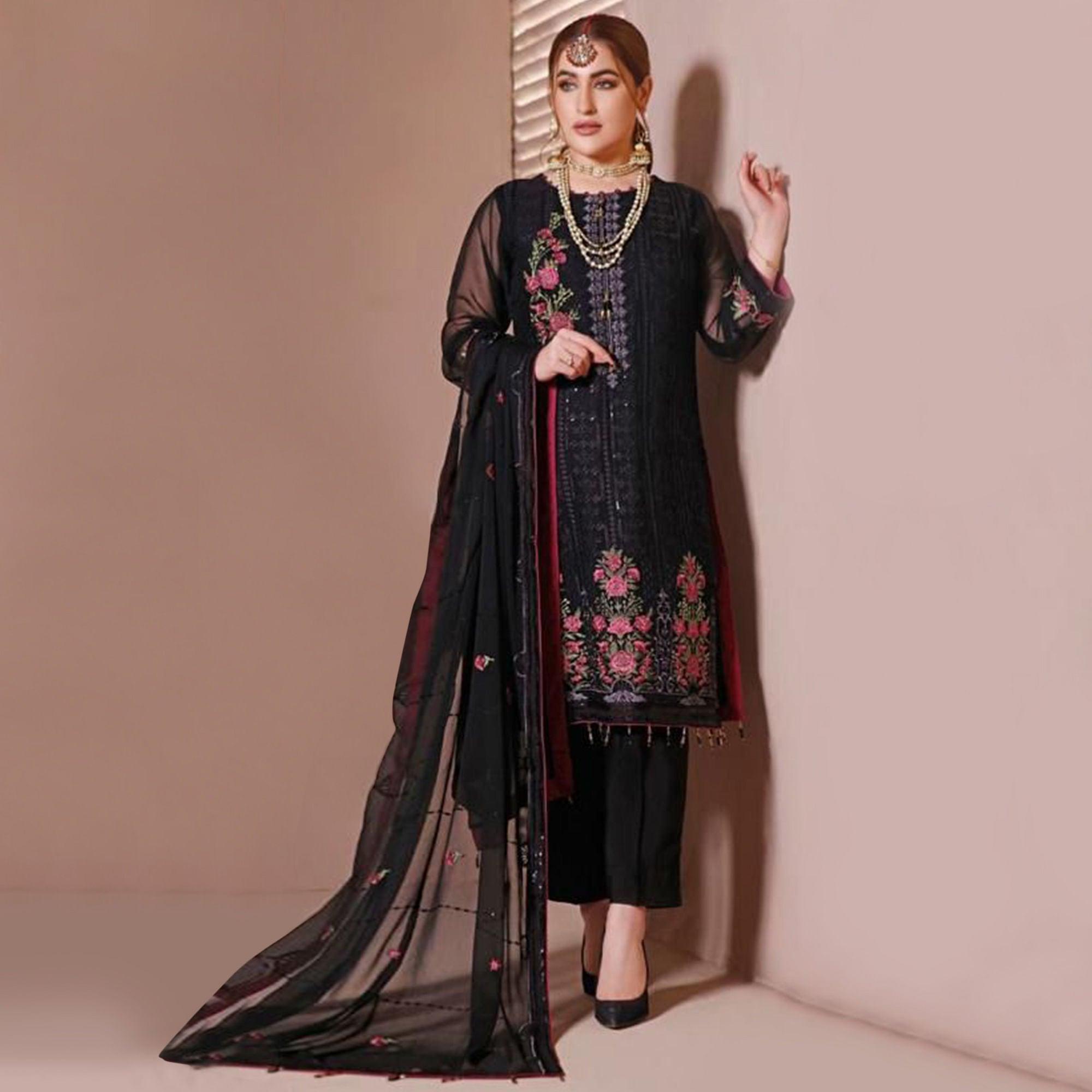 Black Partywear Floral Sequence Embroidered Georgette Pakistani Suit - Peachmode