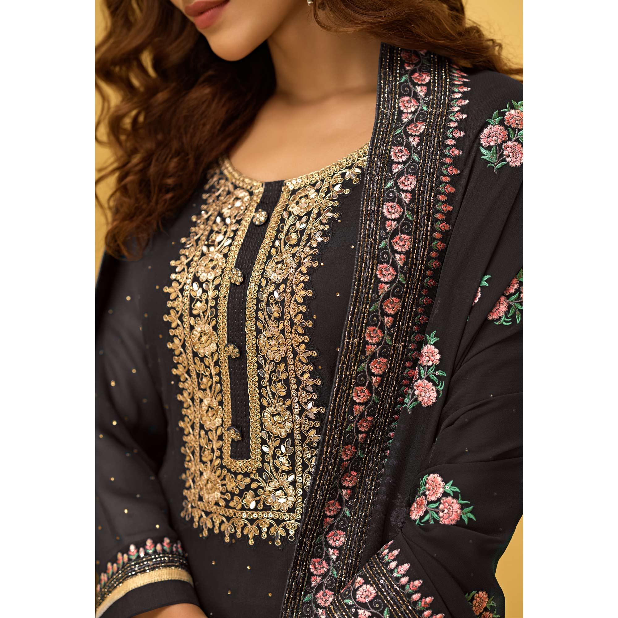 Black Partywear Floral Zari Embroidery With Swarovski Georgette Palazzo Suit - Peachmode