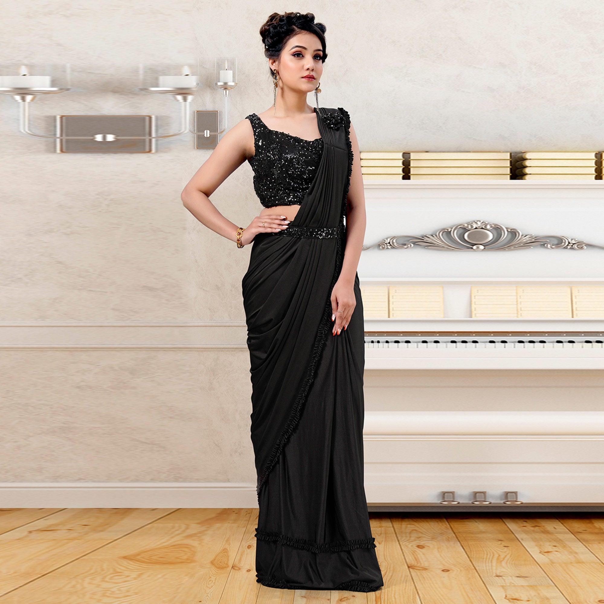 Black Partywear Frill & Sequence Art Silk Saree - Peachmode
