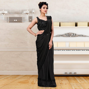 Black Partywear Frill & Sequence Art Silk Saree - Peachmode
