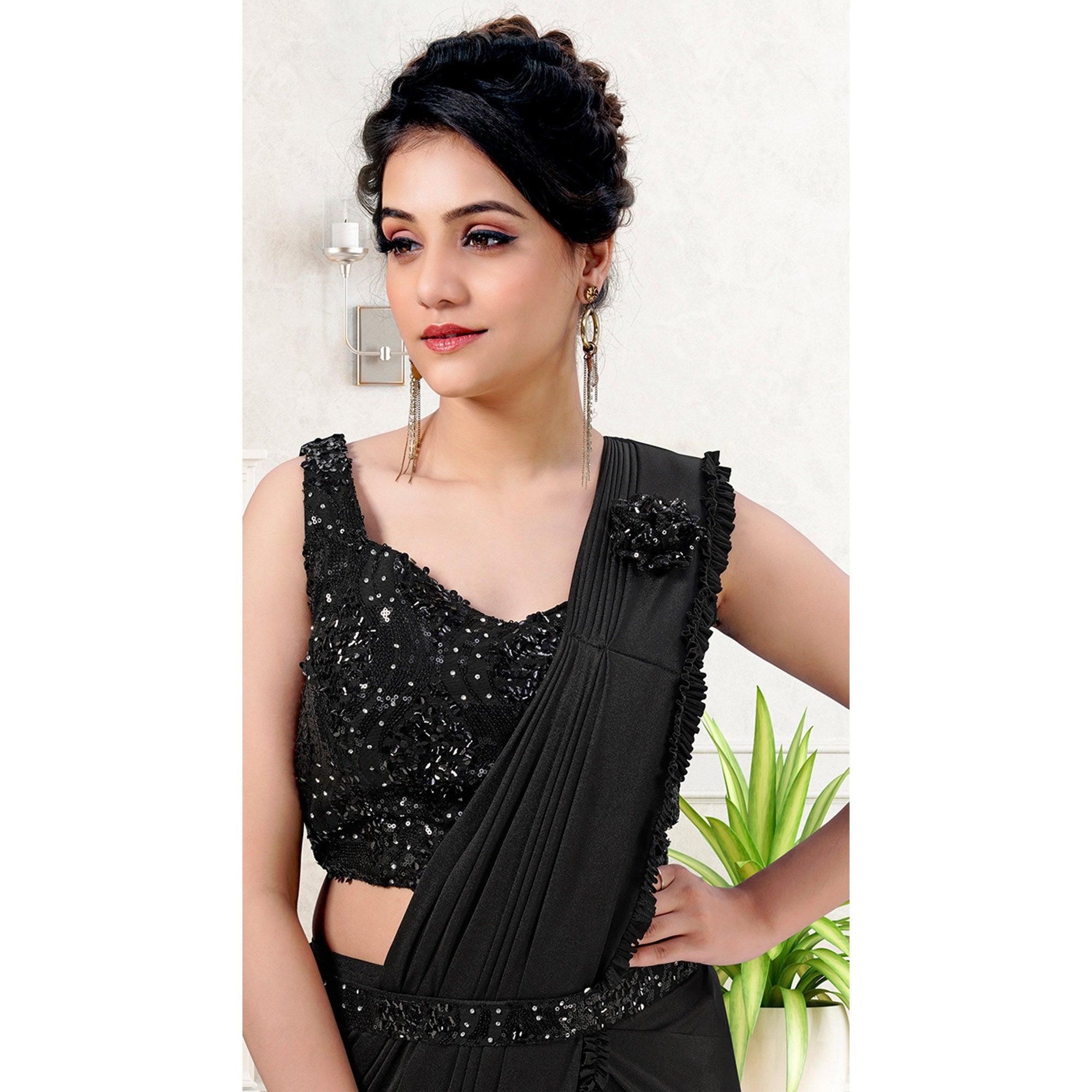 Black Partywear Frill & Sequence Art Silk Saree - Peachmode