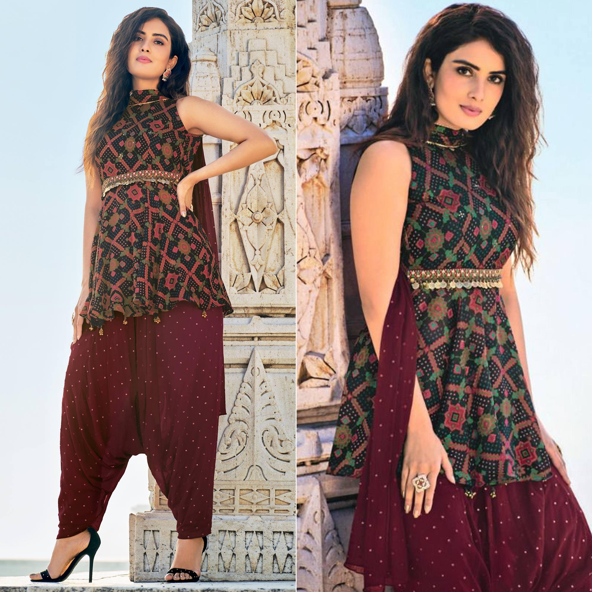 Black Partywear Patola Printed Silk Dhoti Suit - Peachmode