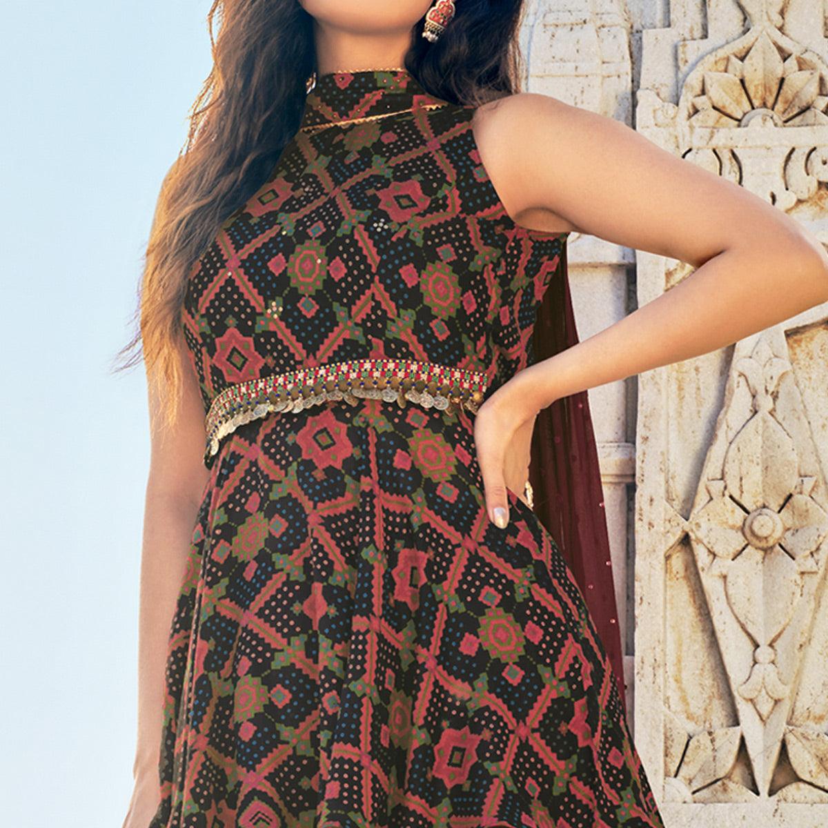 Black Partywear Patola Printed Silk Dhoti Suit - Peachmode