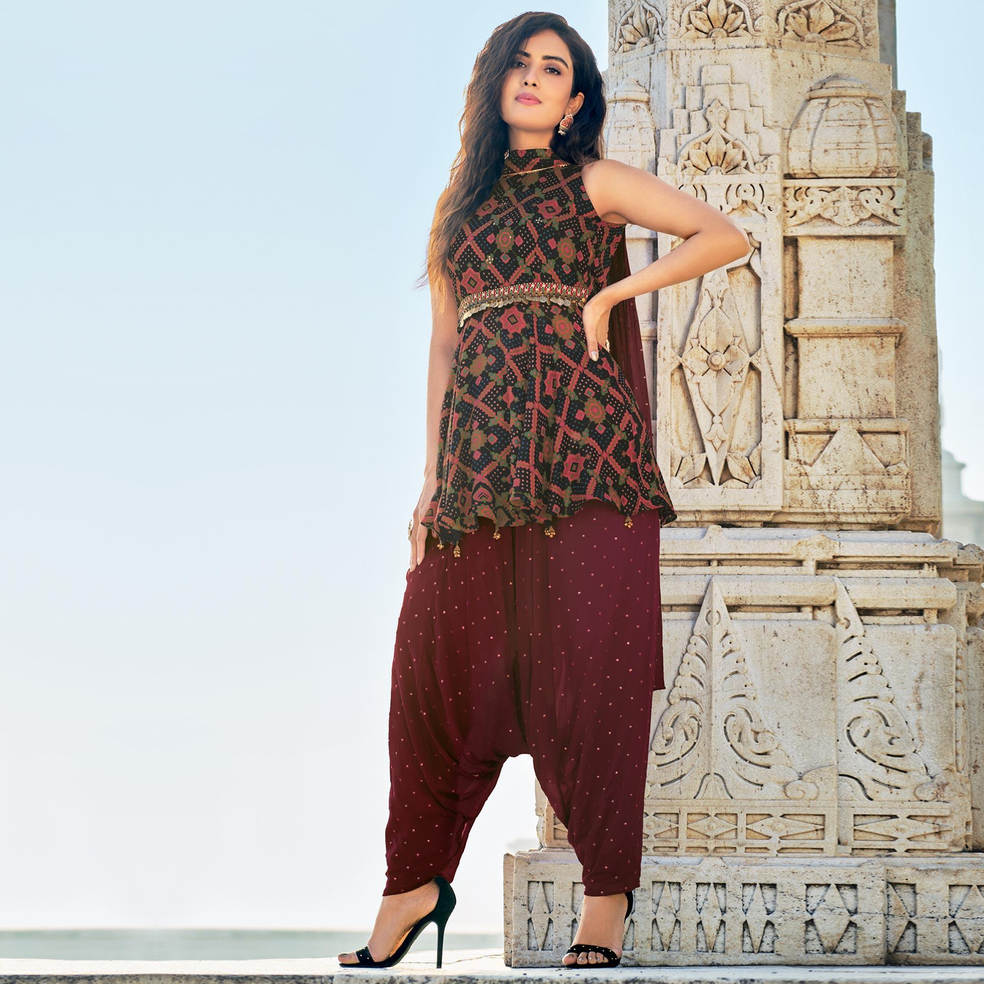 Black Partywear Patola Printed Silk Dhoti Suit - Peachmode