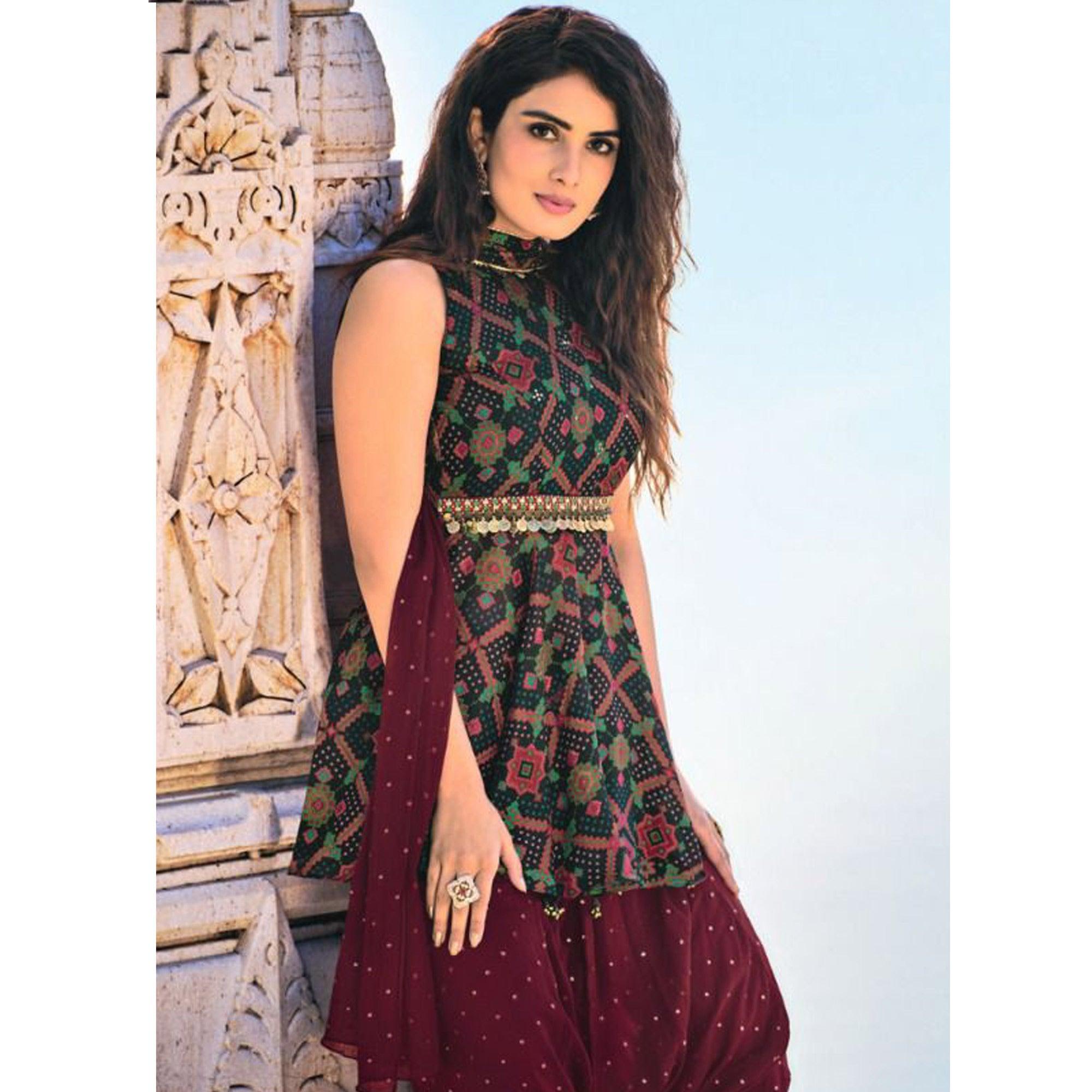 Black Partywear Patola Printed Silk Dhoti Suit - Peachmode