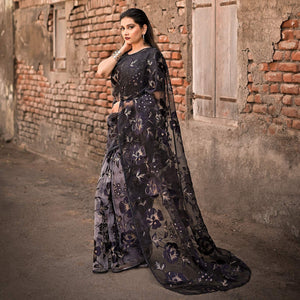 Black Partywear Piping Stone Velvet Zari Organza Saree - Peachmode