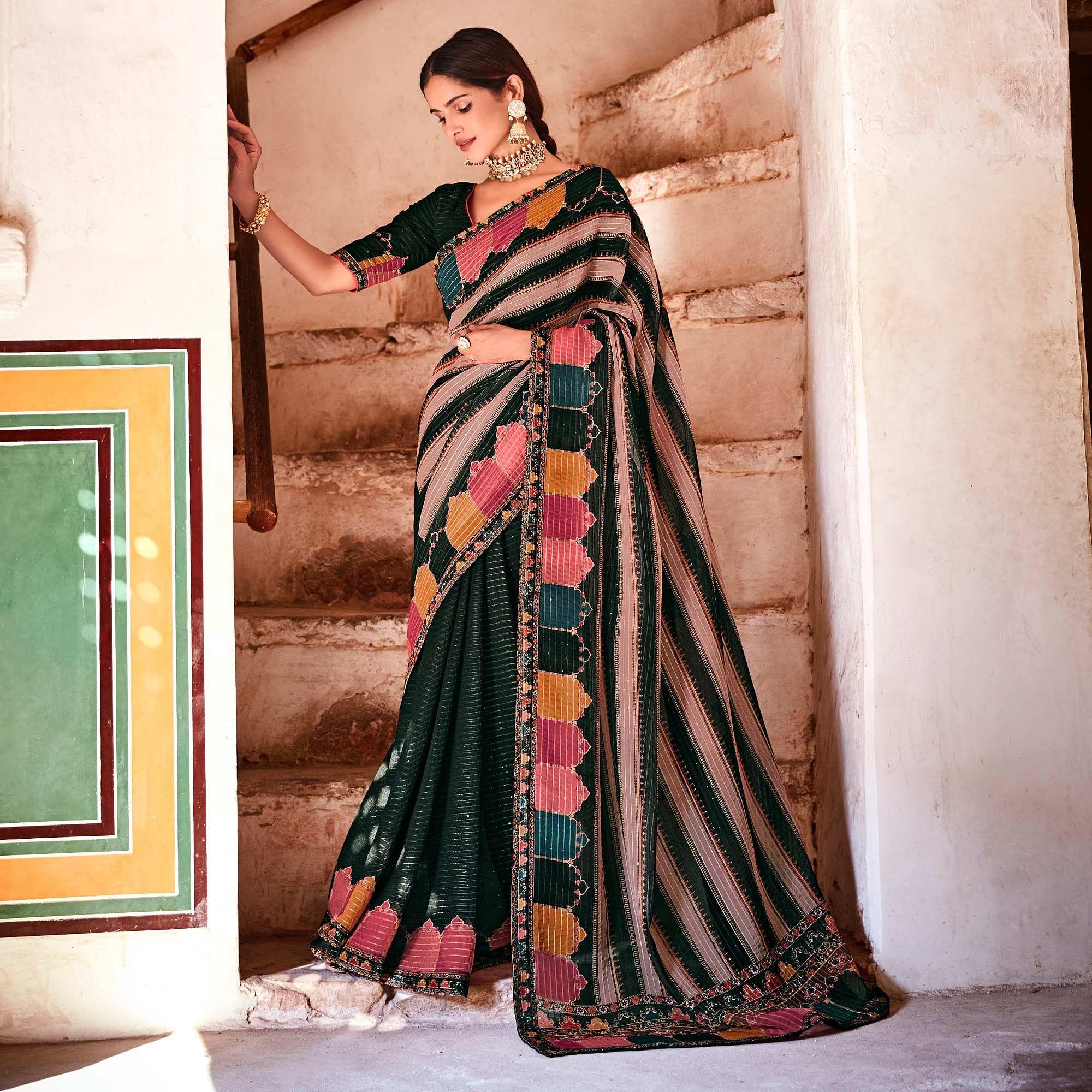 Black Partywear Printed & Sequence Georgette Saree - Peachmode